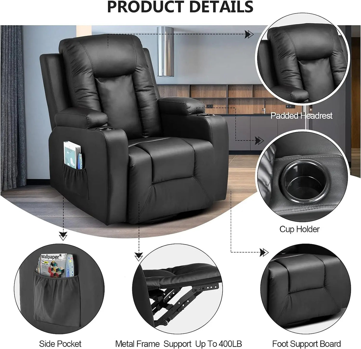 COMHOMA Leather Recliner Chair Rocker with Heated Massage Ergonomic Lounge 360 Degree Swivel Single Sofa Seat Drink Holders