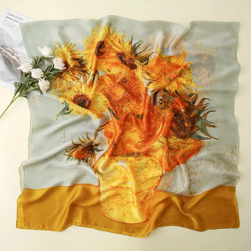 Van Gogh Oil Painting Silk Scarf Women Luxury Brand Apricot Floral Print Hijab Bandana Foulard Femme Shawl Soft Bufanda Mujer