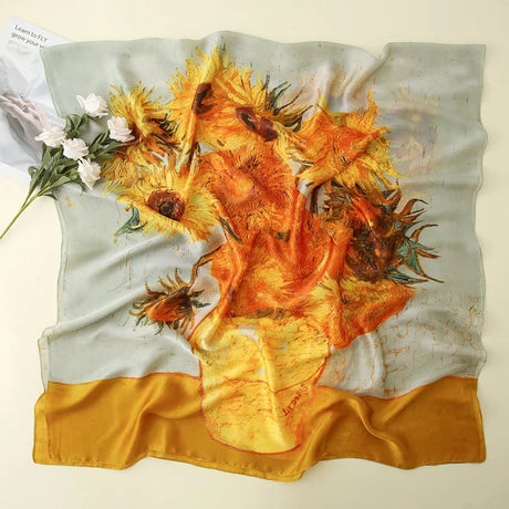 Van Gogh Oil Painting Silk Scarf Women Luxury Brand Apricot Floral Print Hijab Bandana Foulard Femme Shawl Soft Bufanda Mujer