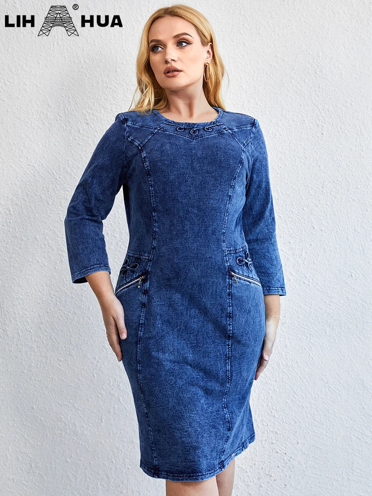 LIH HUA Women's Plus Size Denim Dress Autumn Chic Elegant Dresses For Chubby Women Round Neck Cotton Knitted Dress