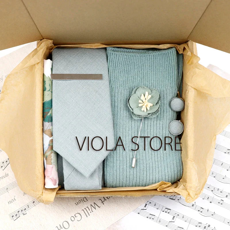 Viola Design 6PCS Gift Box Floral Solid Cotton Sock Tie Sets Clip Pin Cufflinks Hankie Men Wedding Party Daily Cravat Accessory