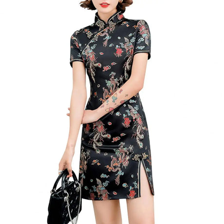 Mandarin Collar Short Sleeve Disc Buckles Women Dragon Phoenix Print Chinese Style Mini Qipao Dress for Stage Performance