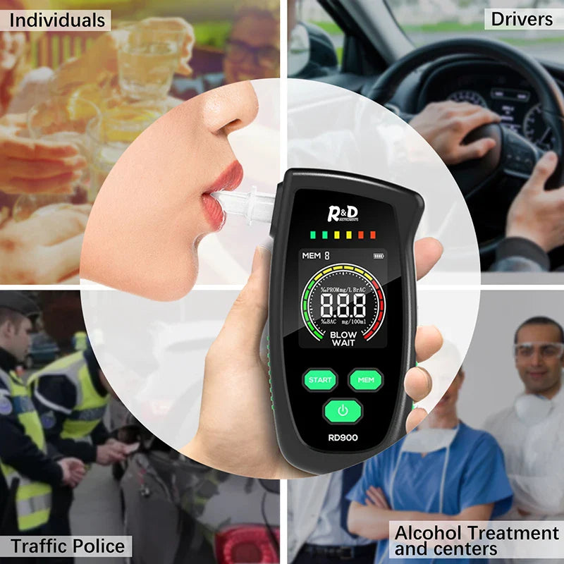 R&D RD900 New Digital Breath Alcohol Tester Mini Professional Police Alcohol Tester Breath Drunk Driving Analyzer LCD Screen