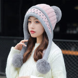 New Knitted Hat Thick Warm Earflap Hats Scarf 2Pcs Set Fleece Lined Ball Pompom Skullies Beanies Women Winter Rabbit Fur Cap