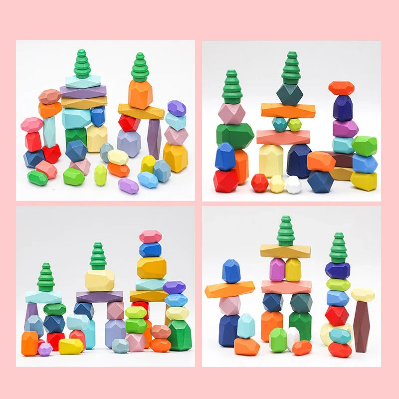 28/38pcs Wooden Rainbow Stone Building Blocks Set Balancing Stacking Game Stacker Children Montessori Educational Toys Gifts