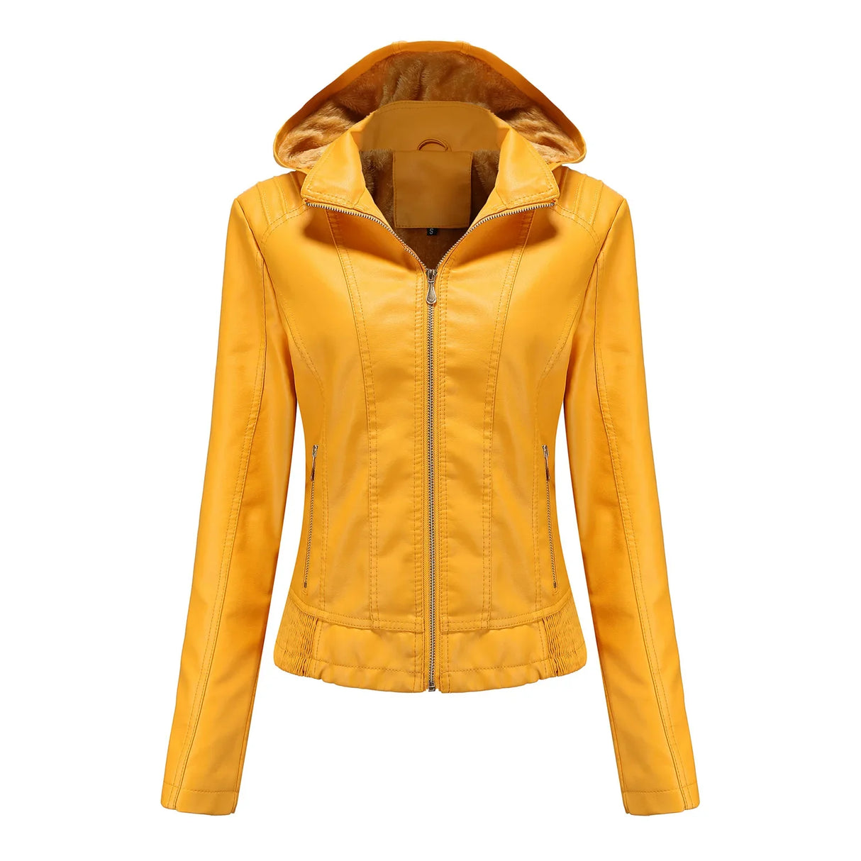 Women's Moto Biker Zipper Jacket Hooded Faux Fur Bomber Leather Jacket Winter Coat Twotwinstyle Women's Clothing Yellow Body Top