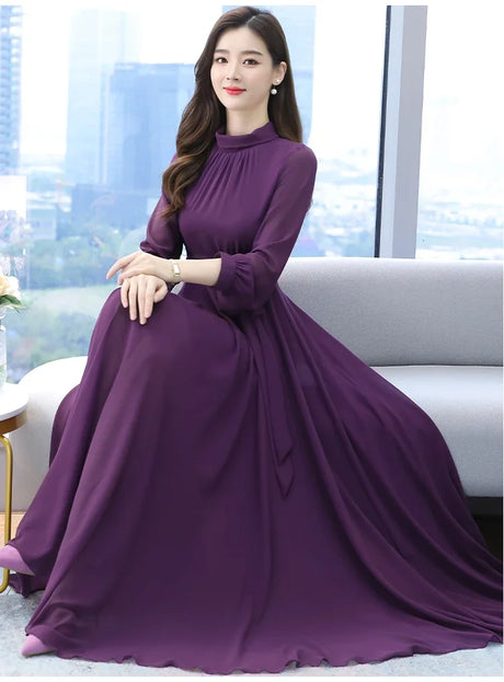 Plus Size Spring Autumn Women Maxi Dresses Female Vintage Full Sleeve Solid Casual Chiffon Dress Woman Bohemian Long Dresses