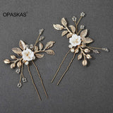 U-shaped Pearl Hairpin Hair Clips Golden Leaf Side Pin Fashion Party Girls Crystal Tiaras Wedding Hair Jewelry Marrige Headdress