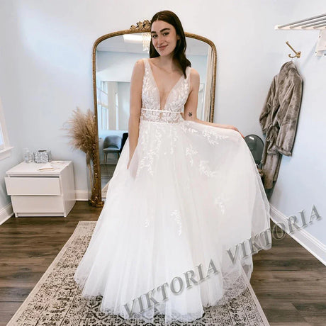 VIKTORIA Pastrol  Wedding Dresses V-neck Backless Tulle For Women 2023 Bride A-LINE Appliques Vestidos De Novia Made To Order