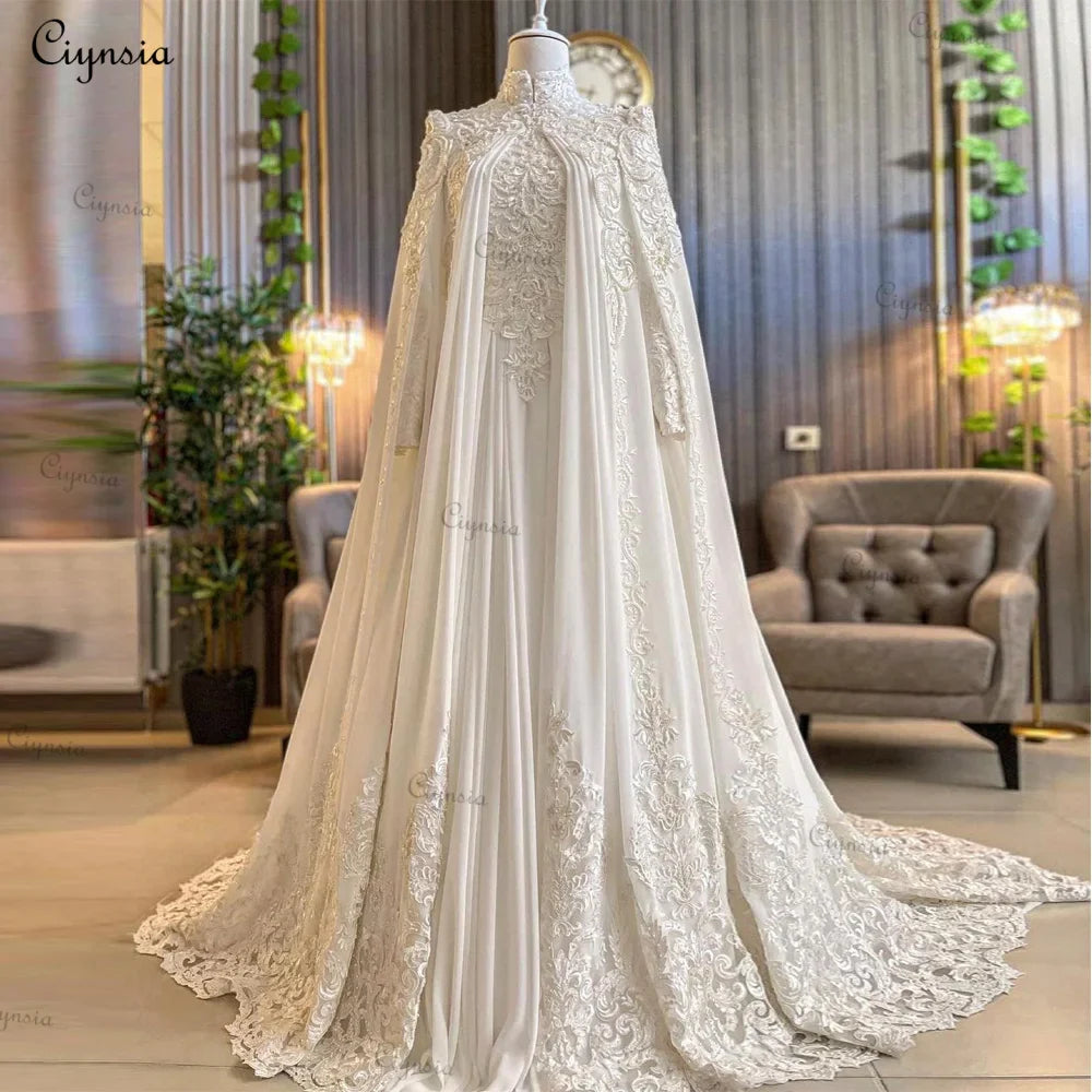 Ciynsia Arabic Dubai Long Sleeve Muslim Wedding Dress with Cape High Neck Islamic Bridal Gowns Chiffon Appliques Robe De Mariée