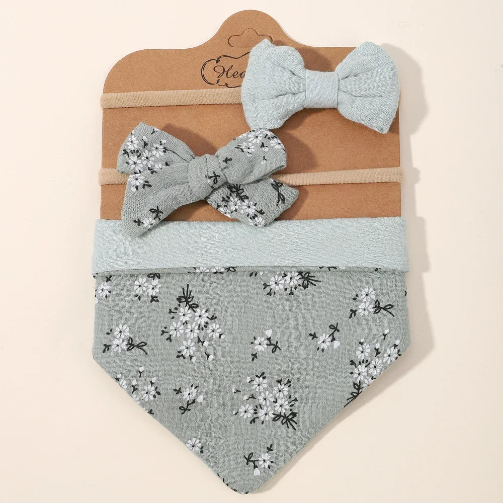 1/3Pcs Baby Headband Saliva Towel Set Floral Print Newborn Double Side Bibs Boys Girls Bandana Burp Cloths Feeding Smock Stuff