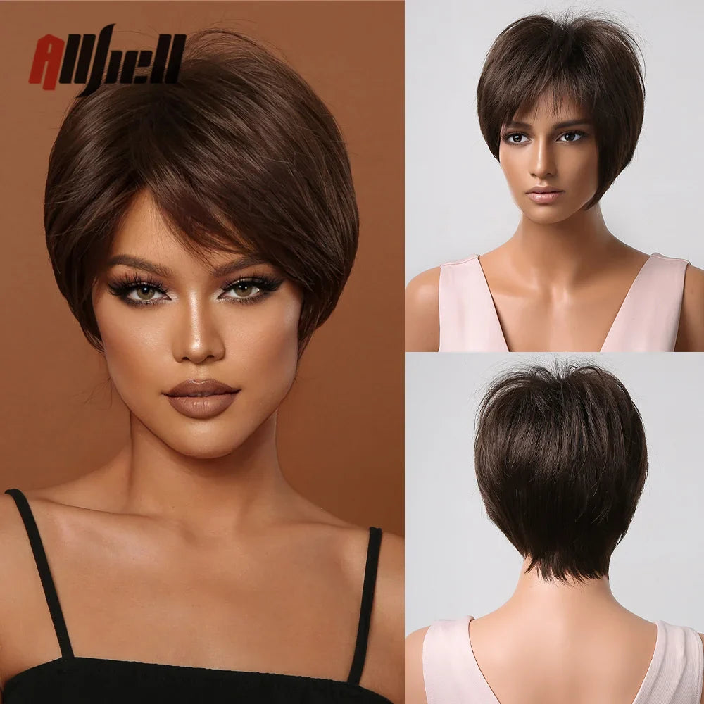 Short Pixie Cut Wig with Highlight Straight Chocolate Brown Synthetic Wig for Black Women Cosplay Daily Heat Resistant Hair Wigs