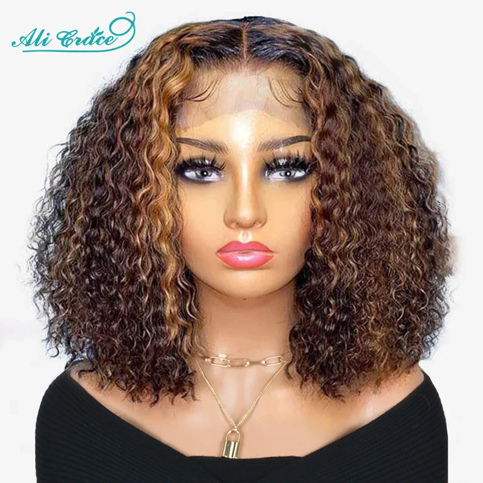 Ali Grace Highlight Brown Curly Bob Wig Brazilian 4X4 Lace Closure Human Hair Wigs P4/27 Ombre Color Kinky Curly Short Bob Wigs