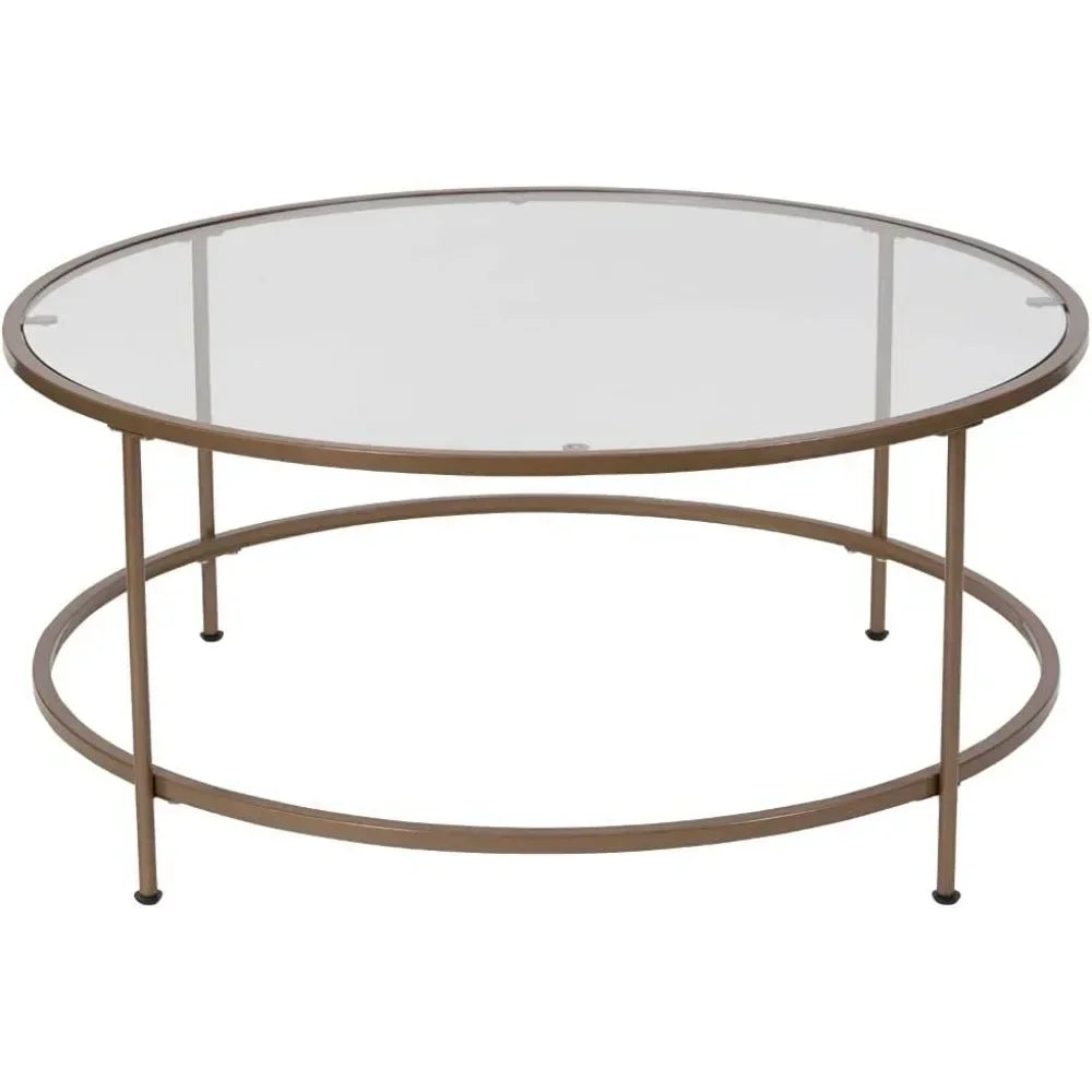 Astoria Collection Round Coffee Table - Modern Clear Glass Coffee Table - Brushed Gold Frame Restaurant Tables Furniture Dining