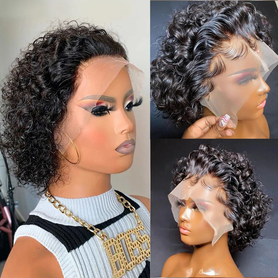 Pixie Cut Wig Short Bob Curly Human Hair Wigs Cheap 13X1 Transparent Lace 99J Burgundy Water Deep Wave Lace Front Wig For Women