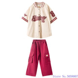 Kids Hip Hop Clothing Girl Letter Print Jacket Baseball Uniform Burgundy Casual Jogger Pant 2pcs Kpop Clothes Performance Outfit