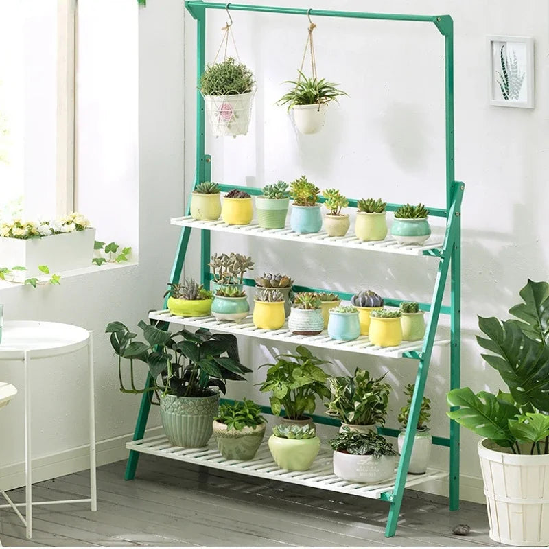 Plant Stand Storage Shelf 3-Tier Hanging Stand for Flowers Folding Organizer Display Storage Rack Adjustable Hanger Rod Bamboo