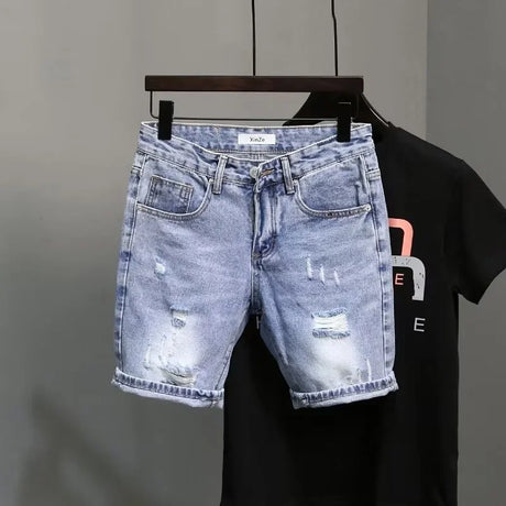 Men's Summer Blue Denim Shorts Brand Rotten Pockets Korean Fashion Slim Straight Wide Leg Beggar Jeans Shorts