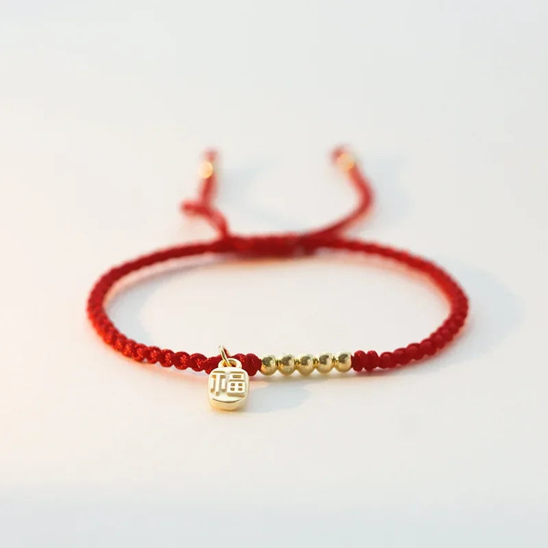 Small Gold Color Titanium Beads Red Thread Woven Braid Couple Bracelets Anklets for Women Men Fashion Jewelry YBR687