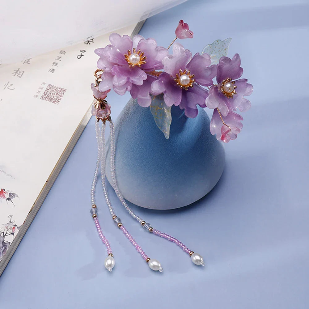 Chinese Hair Clips Girls Hanfu Hair Accessories Green Flower Hairpin Tassel Pearl Headpiece Ancient Party Barrette Head Jewelry