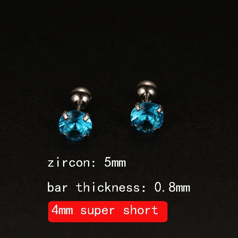 2PCS 4mm Short Ear Studs Earring Outside Upper Helix Earrings Titanium Steel CZ Crystal 3mm 4mm 5mm Mix Colors 0.8mm 20G Screw