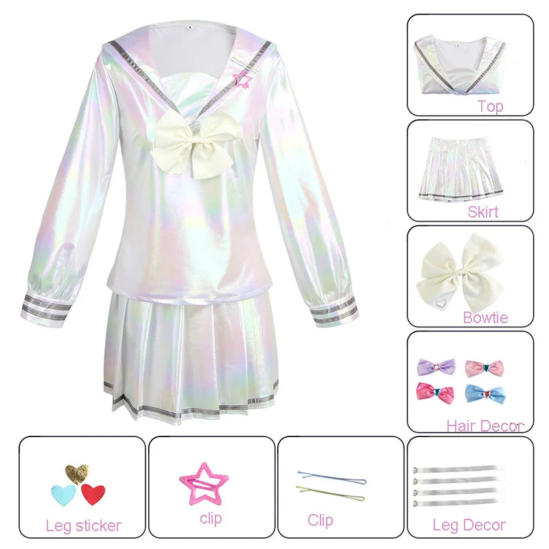 NEEDY GIRL OVERDOSE KAngel Cosplay Costume Lolita Shoes Coat Skirt Uniform Wig Hallowmas COS Laser Color Skirts Ribbon Wig