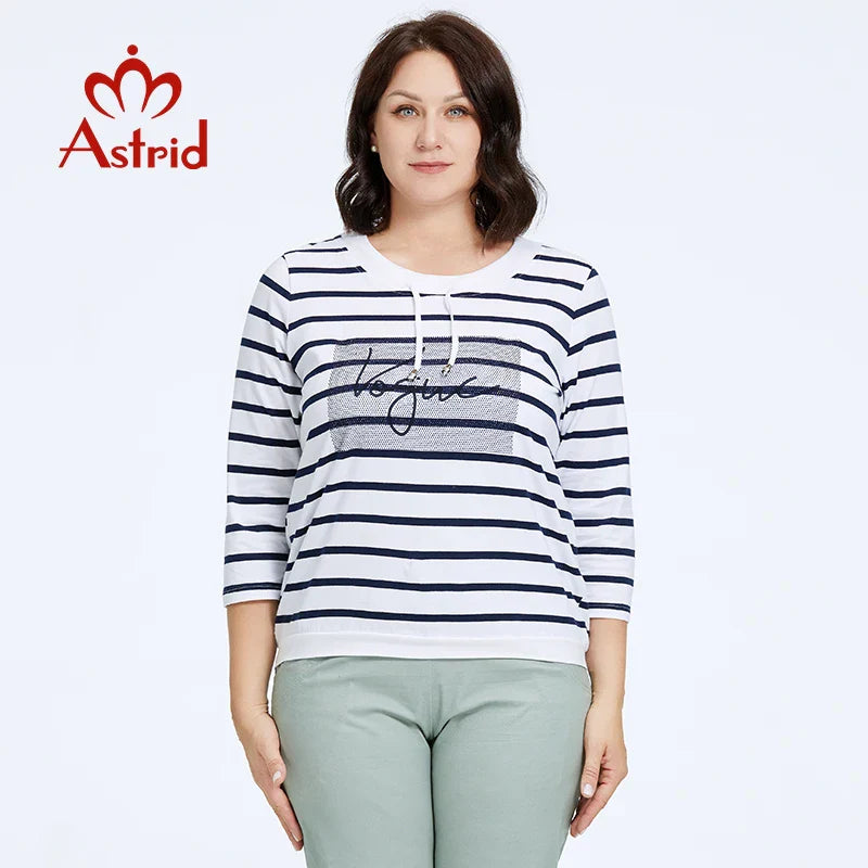 Astrid Autumn Women's t-shirt 2023 Casual Cotton Top Female Plus Size Stripes Tees Rope Diamond craft Long Sleeve Women Clothing