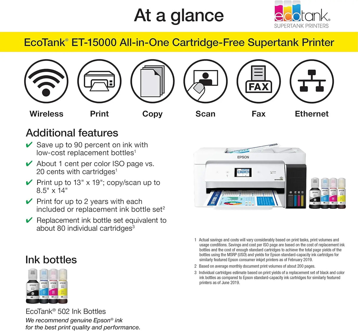 EcoTank ET-15000 Wireless Color All-in-One Supertank Printer with Scanner, Ethernet and Printing up to 13 x 19 Inches, White