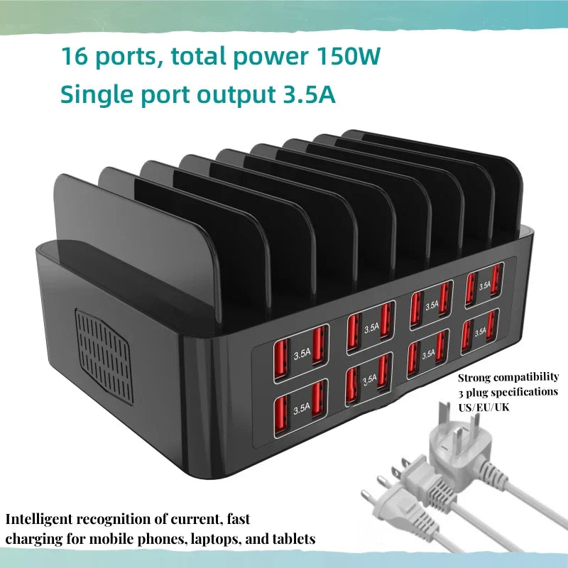 Multi port socket 16 port bracket charger HUB 5V2A150W USB output 3.5A high-power fast charger for mobile phone