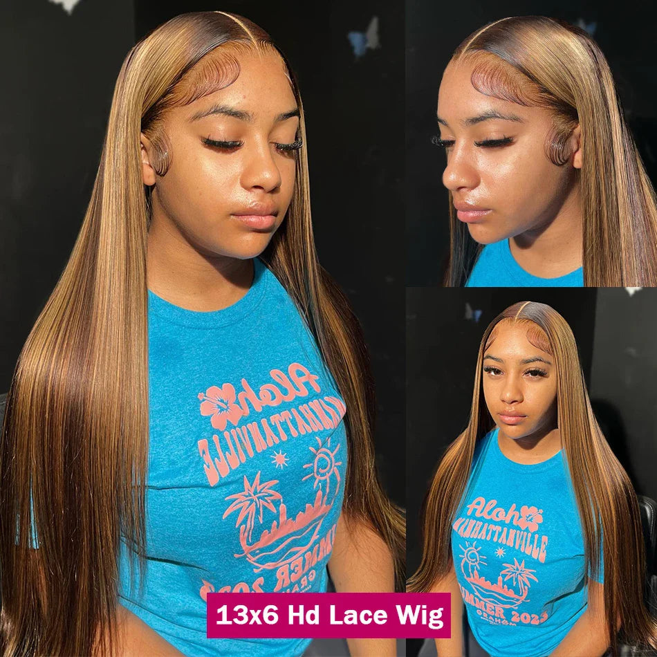 250% HD Highlight Bone Straight Lace Frontal Wig Human Hair 13x4 13x6 Lace Front Ombre 4/27 Honey Blonde Colored Wigs For Women