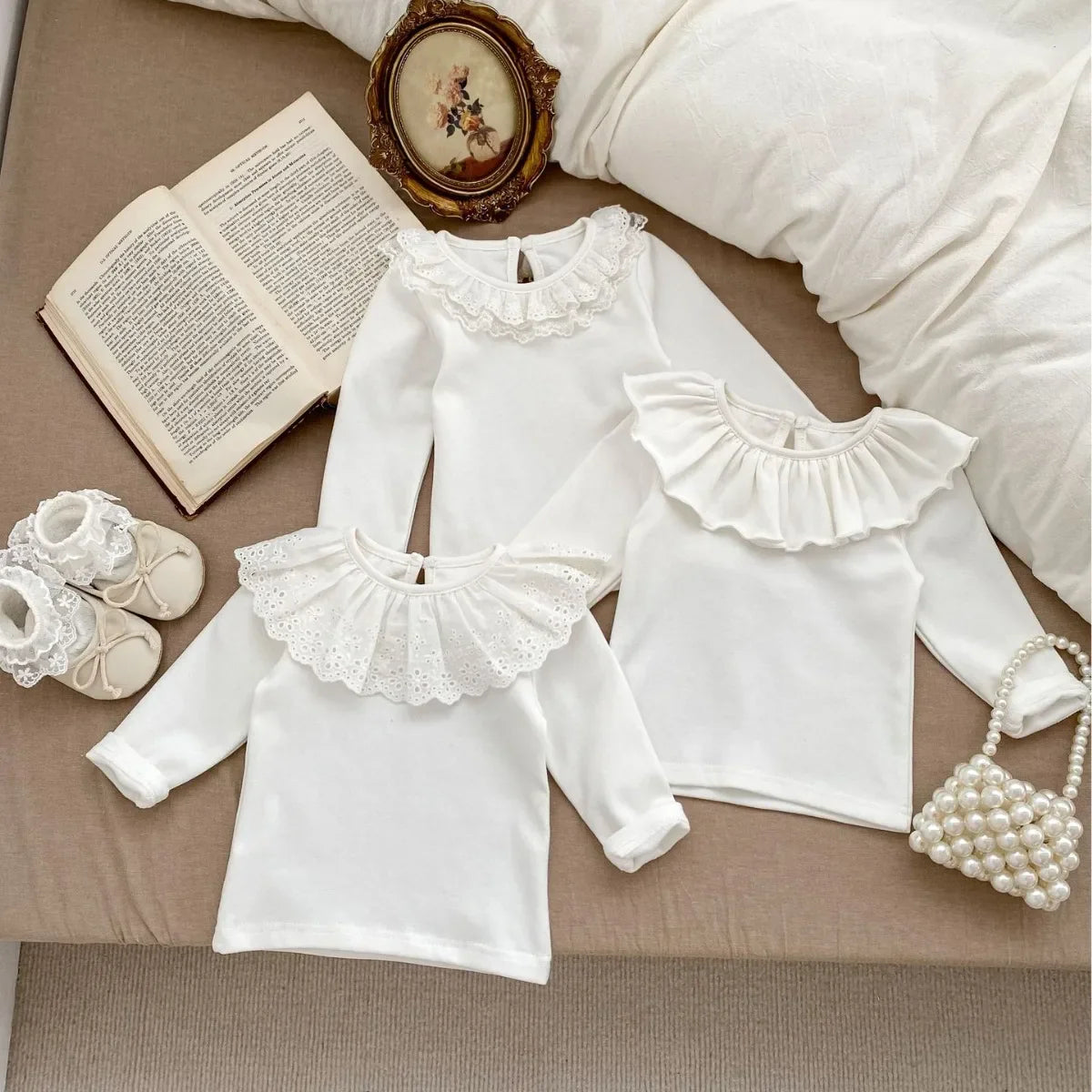 8406 Baby T Shirt 2024 Spring New Simple All Match Baby Girl's Bottoming Shirt Korean Lace Collar Doll Tops T Shirt