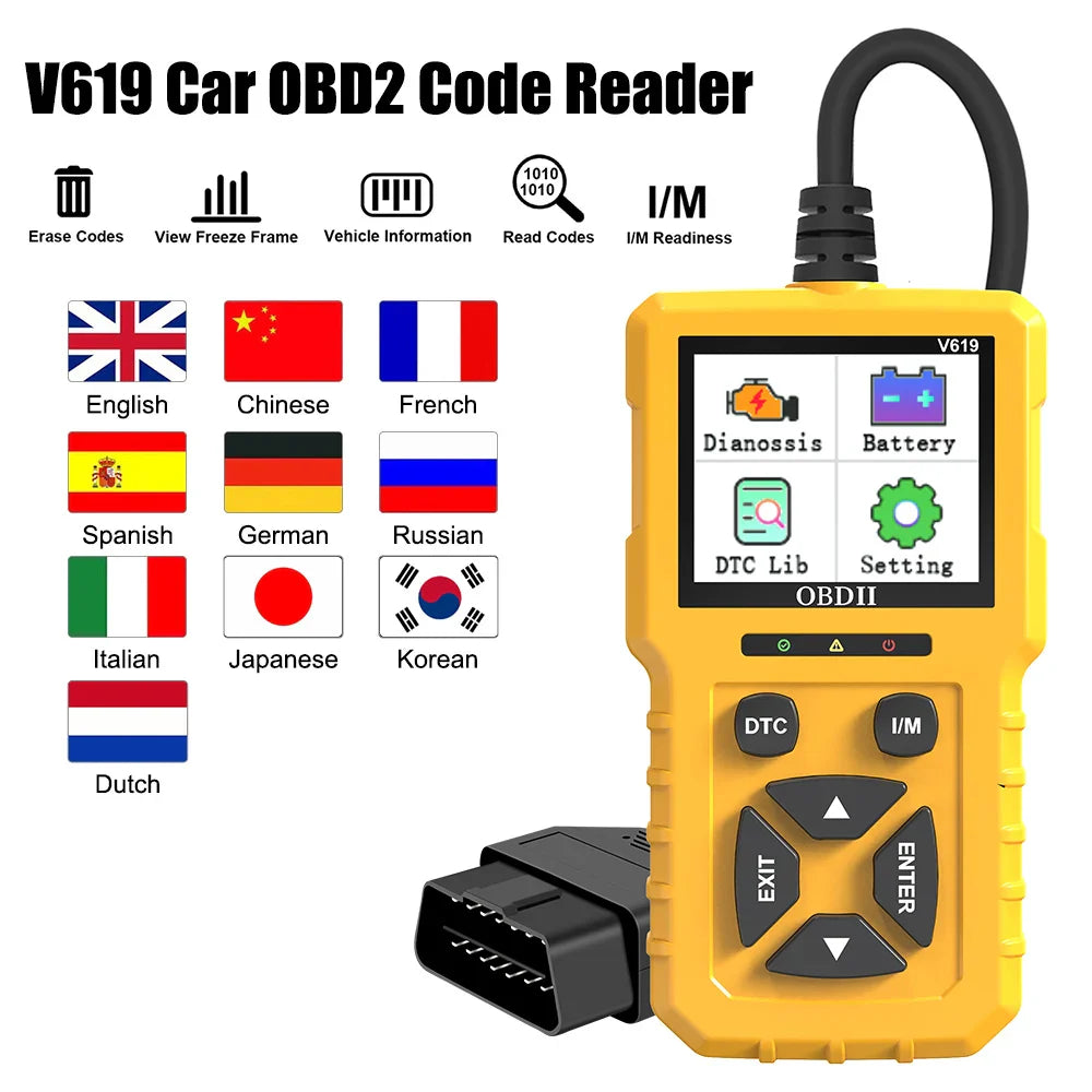 V619 12V Car OBD2 Diagnostic Tools OBD 2 Scanner Check Engine System Battery Tester Code Reader O2 Sensor Test Auto Accessories