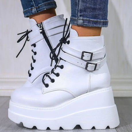 2023 New Spring Autumn Fashion Platform Wedge Boots Ankle Women Punk Style Round Toe Cross Tied Women's Boots Botines De Muj