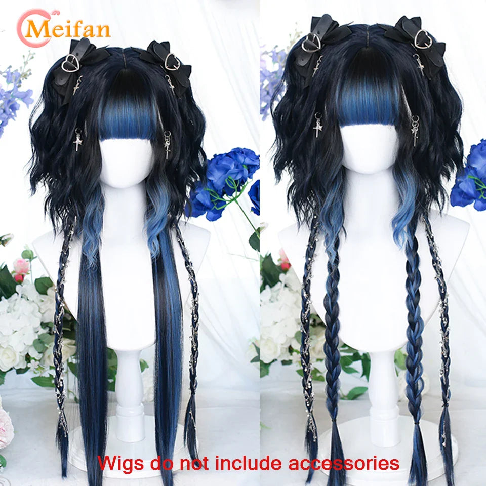 MEIFAN Long Lolita Ombre Harajuku Wig With Bang Red Blue Wave Curly Cosplay Wig Heat Resistant Synthetic Jellyfish Head Wigs