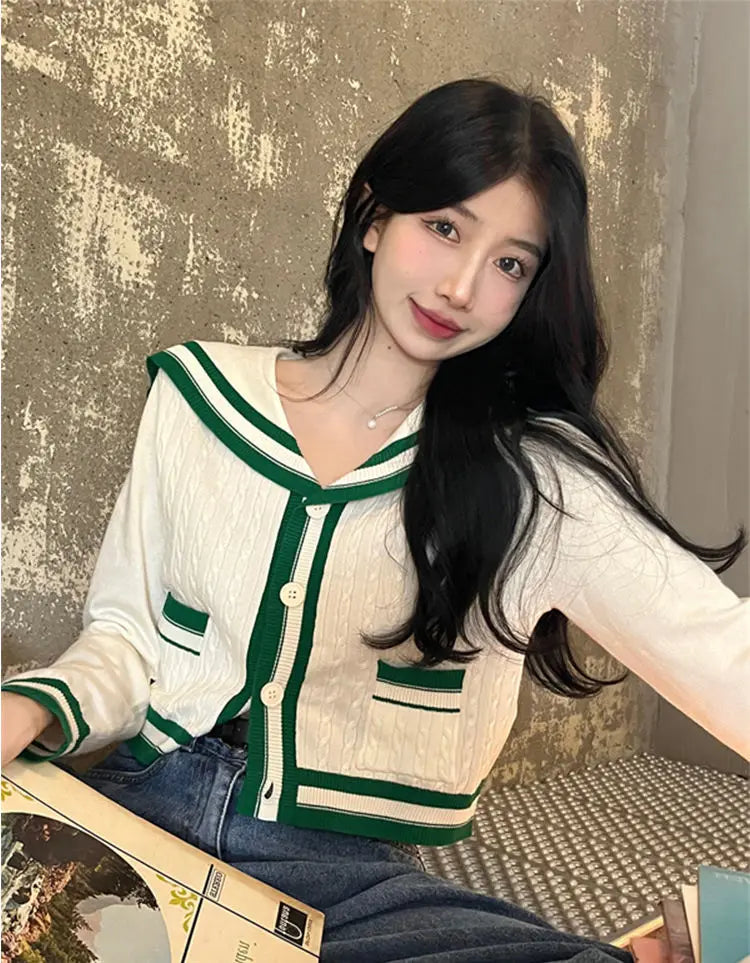 2024New Knit Spring Preppy Style Sailor Collar Women Knitted Cardigan Elastic Wide Leg Pant Long Sleeve Korean Outfit Tracksuit