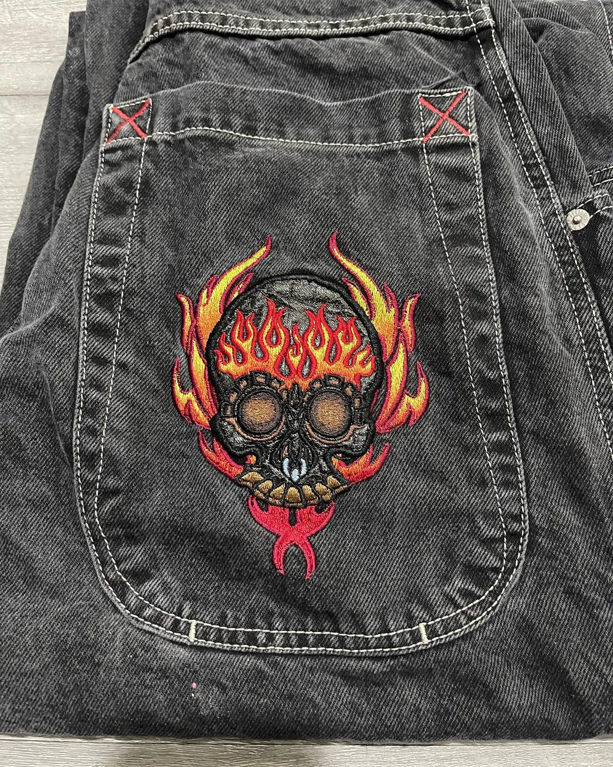 JNCO Jeans Y2K Mens Streetwear Harajuku Hip Hop Retro Skull Embroidered Baggy Jeans New Gothic High Waist Wide Leg Trousers