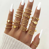 23pcs Hiphop Gold Color Geometric Wheat ear Rings Set For Women Girls Punk Star Moon Eye Wave Finger Rings Jewelry Party Gifts