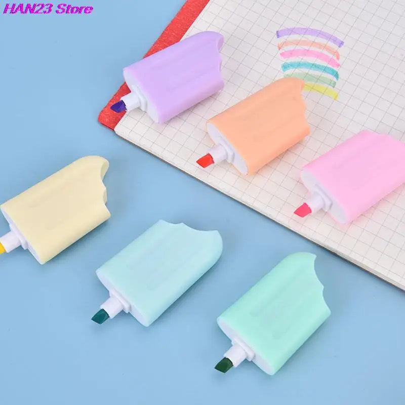 6Pcs/Lot Cute Cartoon Cat Highlighters School Office Stationery Students Drawing Supplies Kawaii Ice Cream Mini Paint Marker Pen