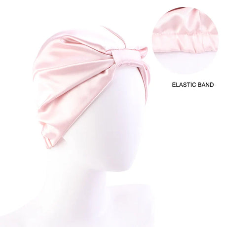 Women Stretch Silk Imitation Nightcap Fashion Color Contrast Knotted Headband Hat Double-layer Hair Care Hat Cancer Chemo Cap