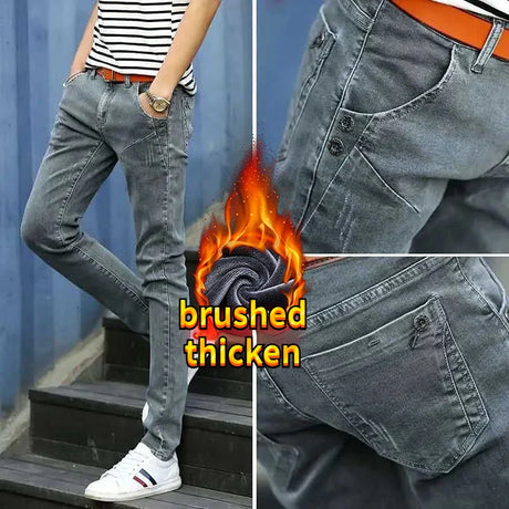 New Autumn Winter Hip Hop Kpop Brushed Denim Fabric Wash Ripped Korean Fashion Men Tight Designer Original Cowboy Slim Trousers