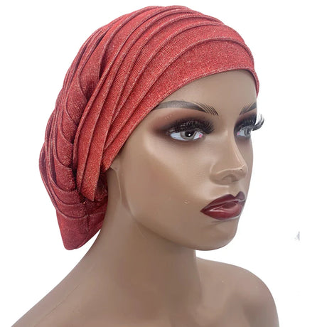 Glitter Pleated African Turban Cap Women's Head Wraps Nigeria Party Headpiece Female Wedding Auto Gele Headdress Beanie