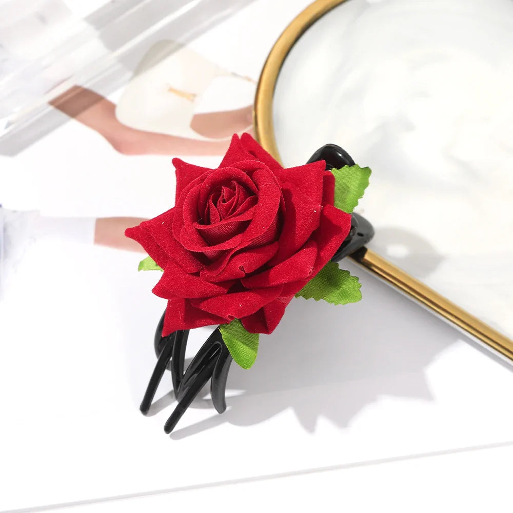 AWAYTR Flower Red Rose Claw Clip Girl Women Cute Popular Hair Catches Hairpin Korean Style Hair Accessories Wedding New Ponytai