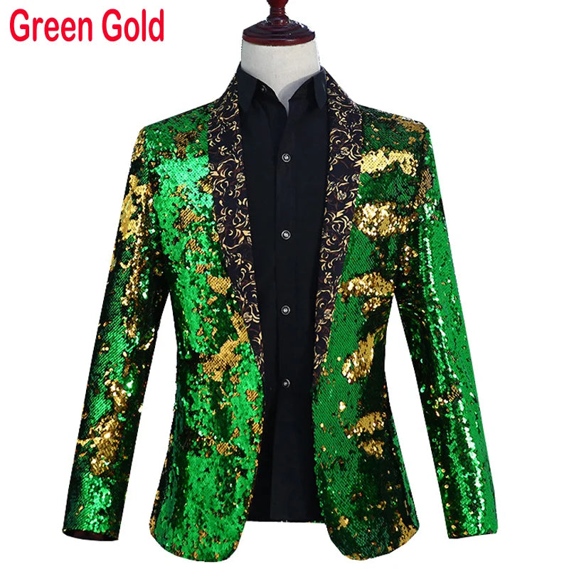 Shiny Green Sequins Bling Glitter Blazer Men 2023 Shawl Collar One Button Tuxedo Suits&Blazer Mens Wedding Party Stage Costumes