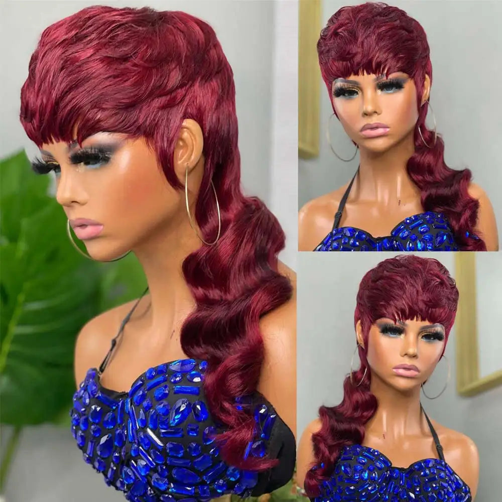 Mullet Wig Highlight Full Machine Made Wig With Bangs Wear And Go Brazilian Human Hair Wigs For Women 99j Short Pixie Cut Wigs