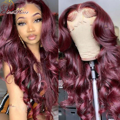 Red Lace Front Wig Human Hair Body Wave 13x6 Transparent Lace Frontal Wig Red Burgundy Remy Human Hair Pre Plucked 34 inches