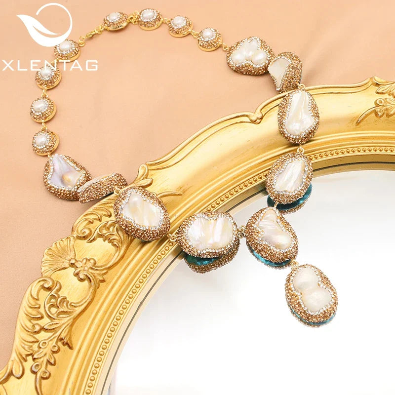 GLSEEVO Natural Baroque Shaped Pearl Women Jewelry Necklace Bracelet Earring Ring Set Rhinestone Inlaid Luxury Dress Jewelry