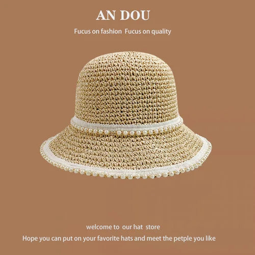 Spring Summer Korean Sweet Big Brim Straw Sun Hat Women Seaside Sunshade Sunscreen Straw Bucket Hat Basin Hat