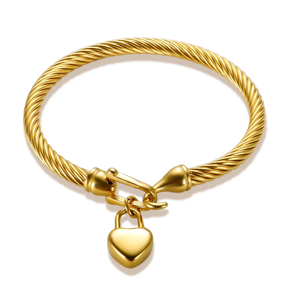 361L Titanium Stainless Steel Bangles Bracelets Charm Gold Color Cable Wire Cuff Heart Pendant Bracelet For Women Girls Jewelry