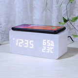 Wood Grain Digital Alarm Clock With Wireless Charging Home LED With Temperature And Humidity Display Clock Small Alarm Clock