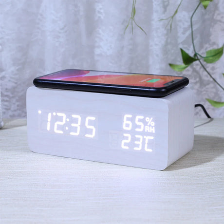 Wood Grain Digital Alarm Clock With Wireless Charging Home LED With Temperature And Humidity Display Clock Small Alarm Clock